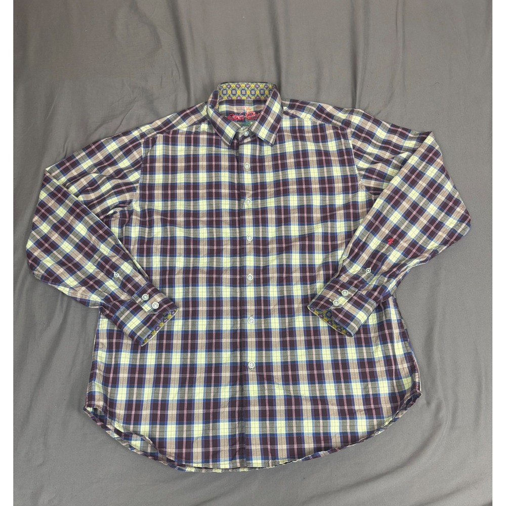 Robert Graham Mens Classic Fit Plaid Button Down Shirt Purple Lime Green Size M - Picture 7 of 14